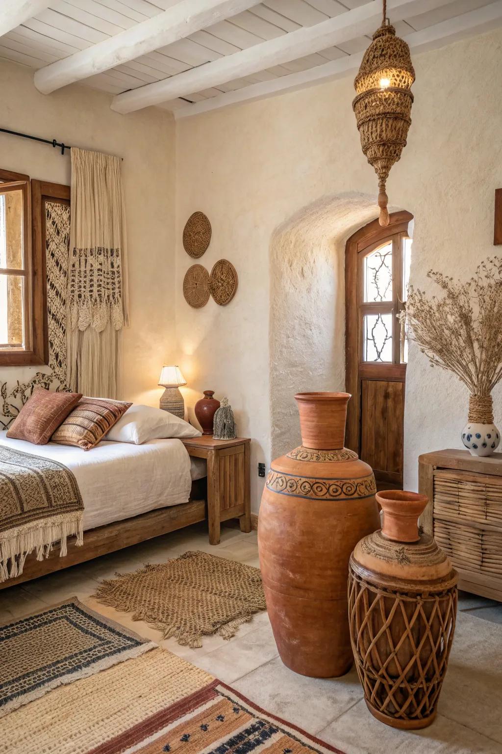 A bedroom enhanced by organic clay vases and warmly colored decorations.