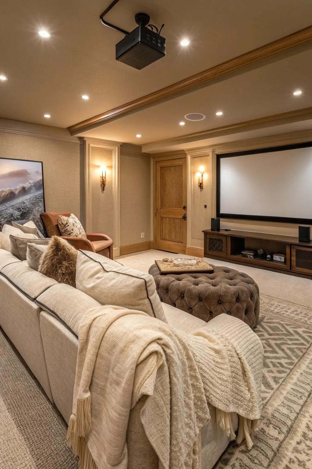 Soft textures and warm colors make your cinema room appealing.