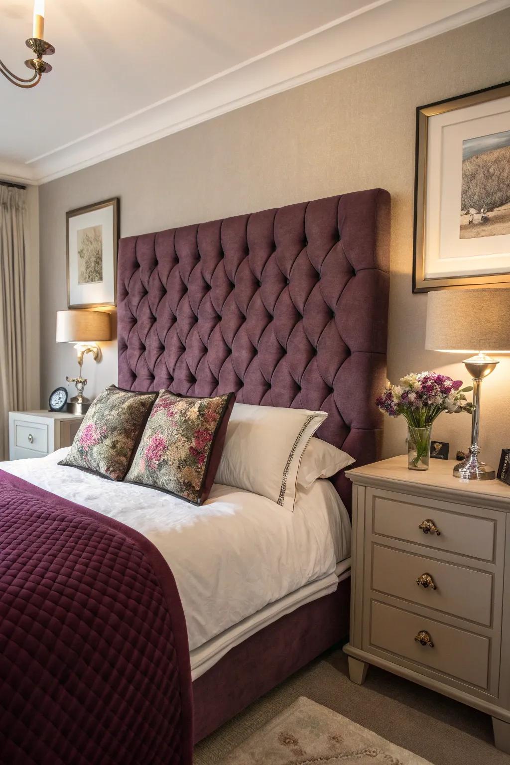 A button-tufted headboard acts as a graceful focal point in any resting place.