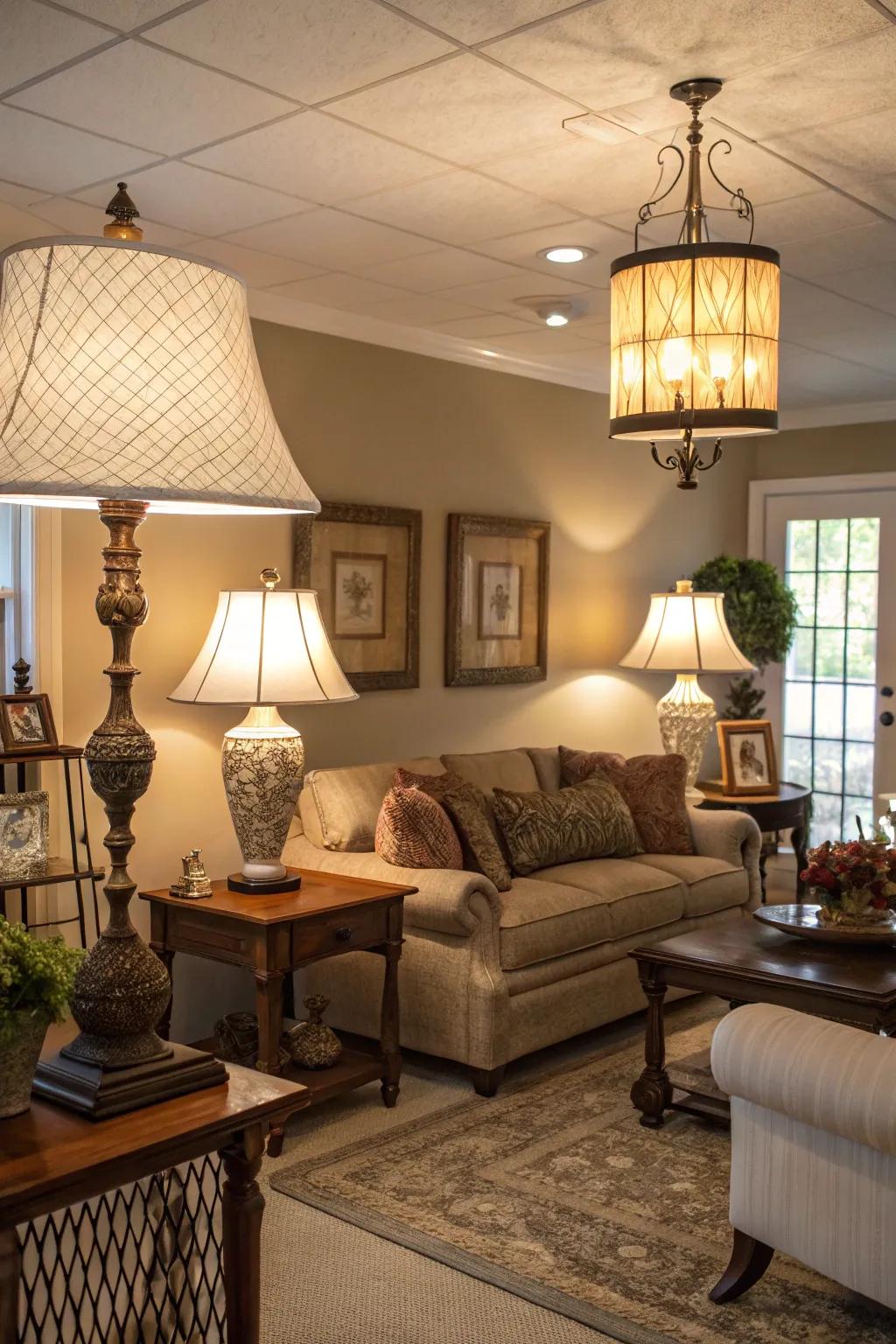 Arranged lights add depth and warmth to any space.
