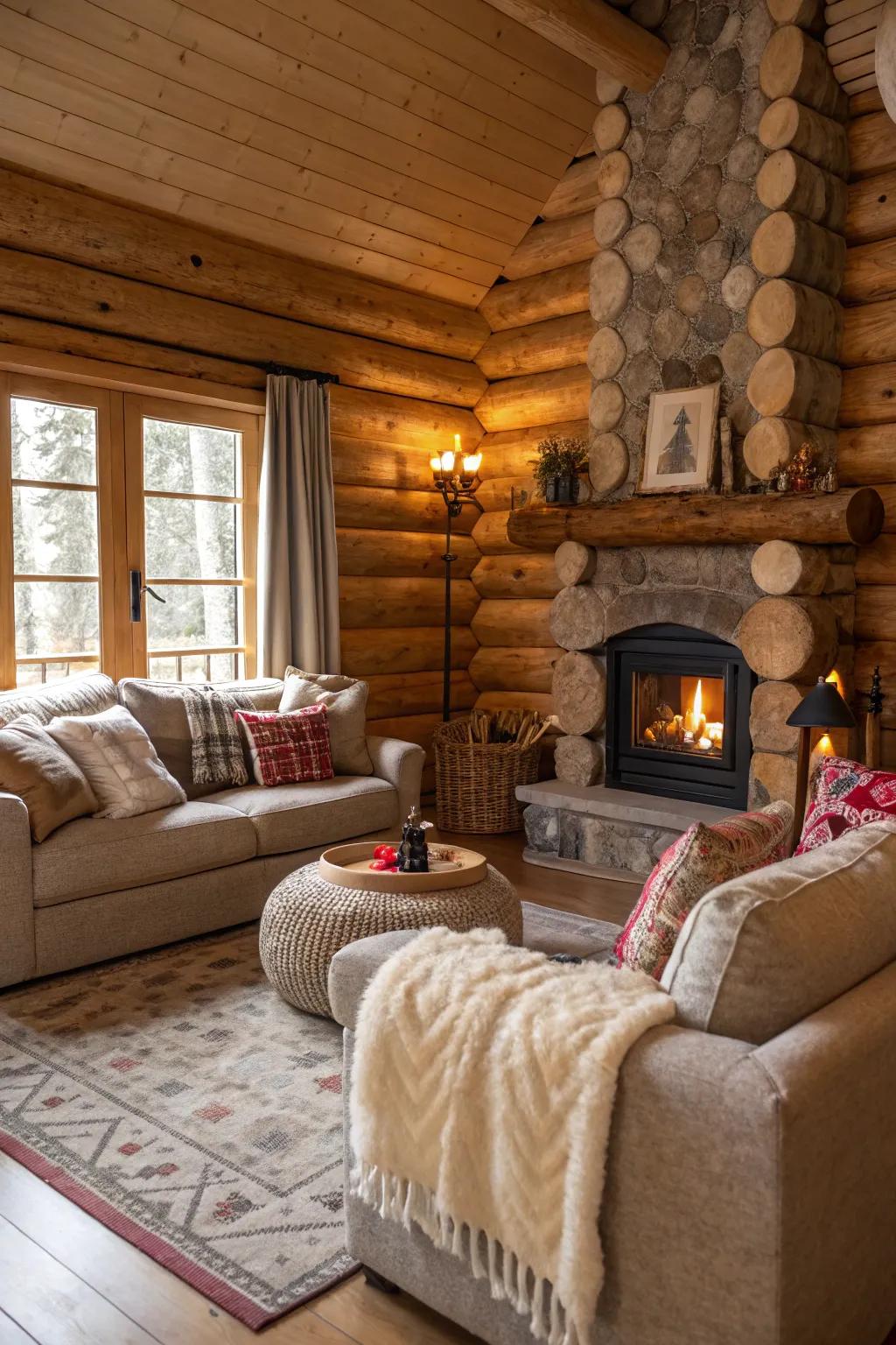 An inviting, plush seating area ideal for unwinding in a log cabin.