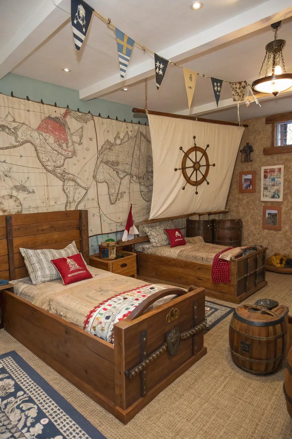 A pirate-themed bedroom featuring ship-inspired beds and pirate's treasure accents.