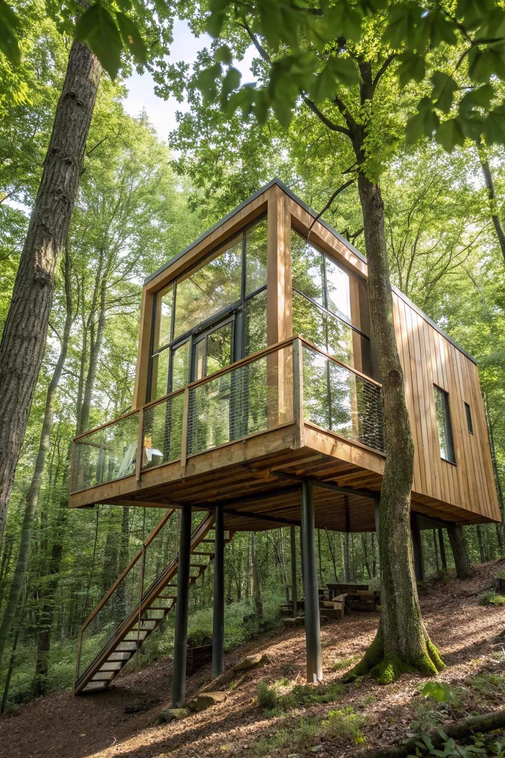 A delightful treehouse design that combines refinement with the enchantment of nature.