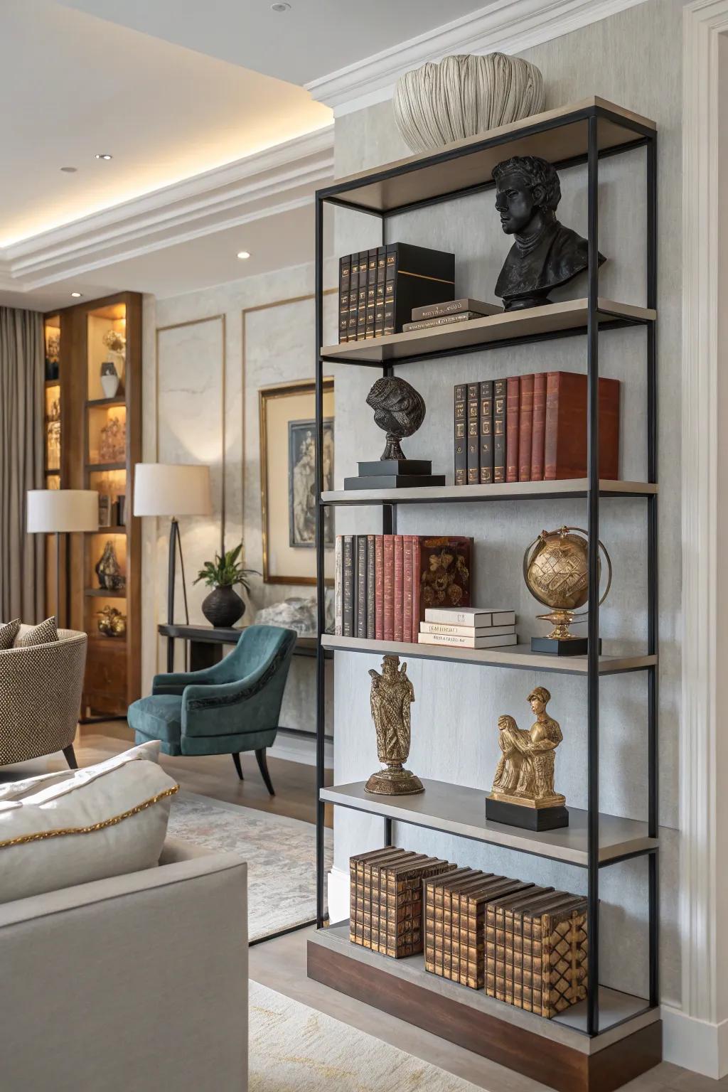 Artistic bookshelves seamlessly fuse functionality with visual appeal.