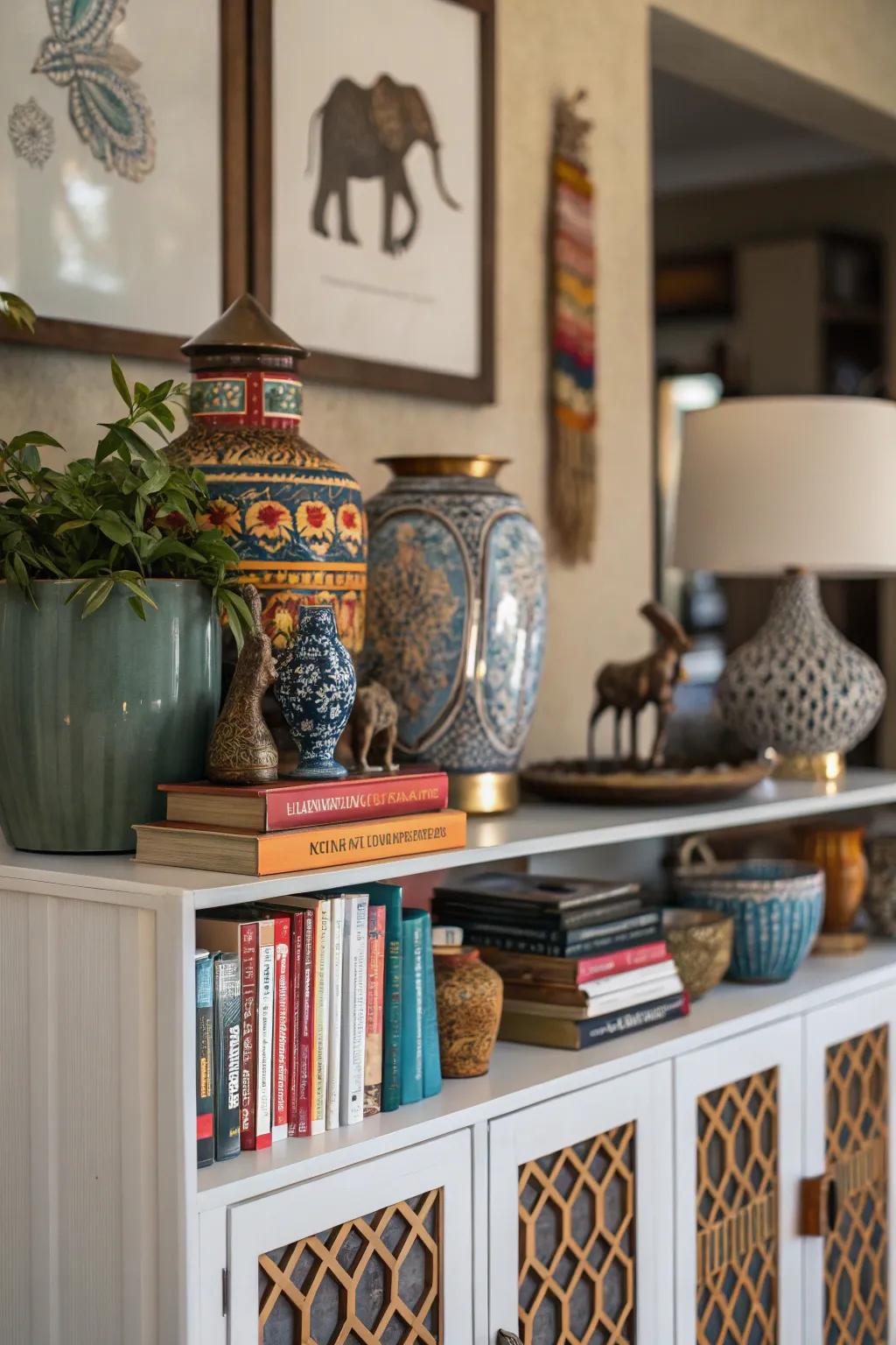 A sideboard styled with decorative objects for a personal touch.