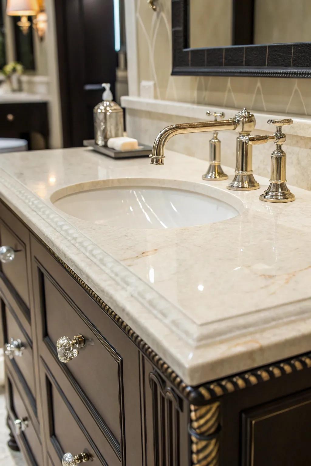 An elegant vanity paired with ivory pearl stone.