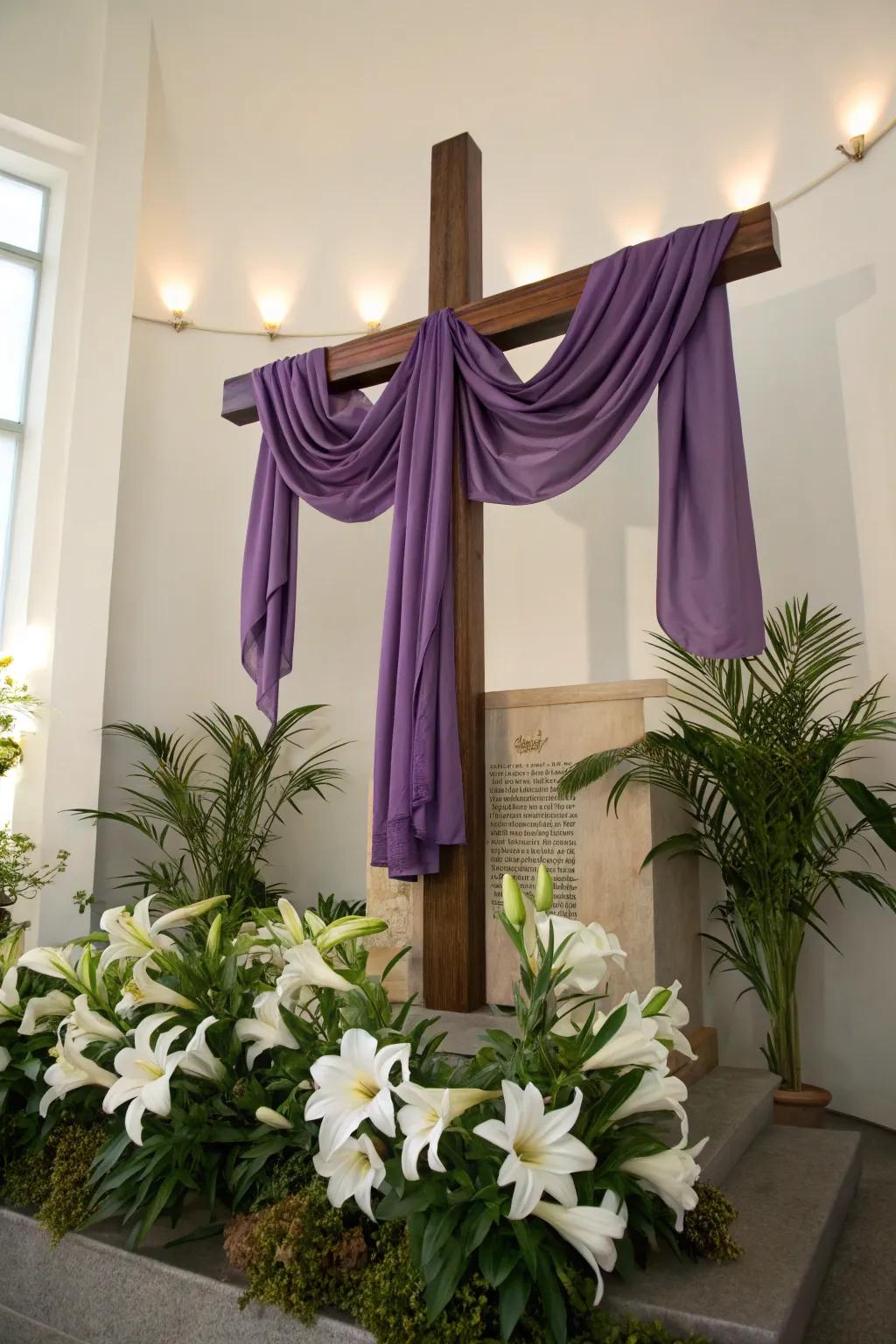 Cross featuring a violet shroud and Easter lilies