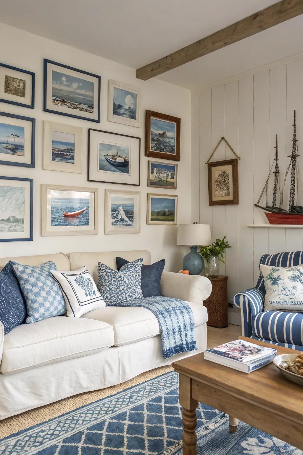 A gallery wall that transports the coastline into your family room.