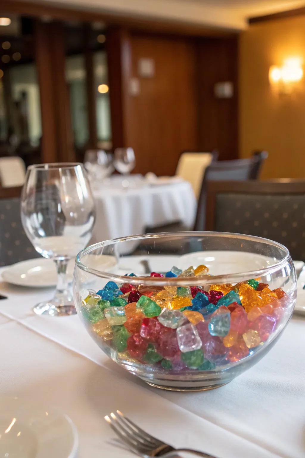 A glass bowl brimming with vibrant crystals for a hint of refinement.