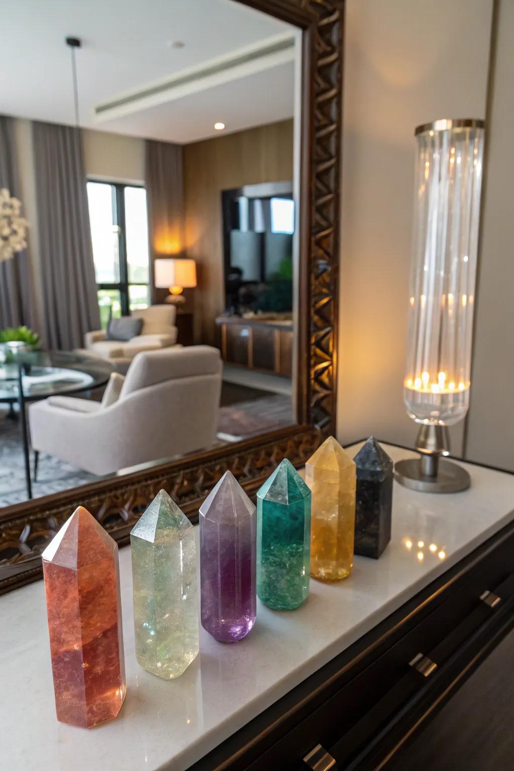 Crystals casting a beautiful reflection in a mirror.