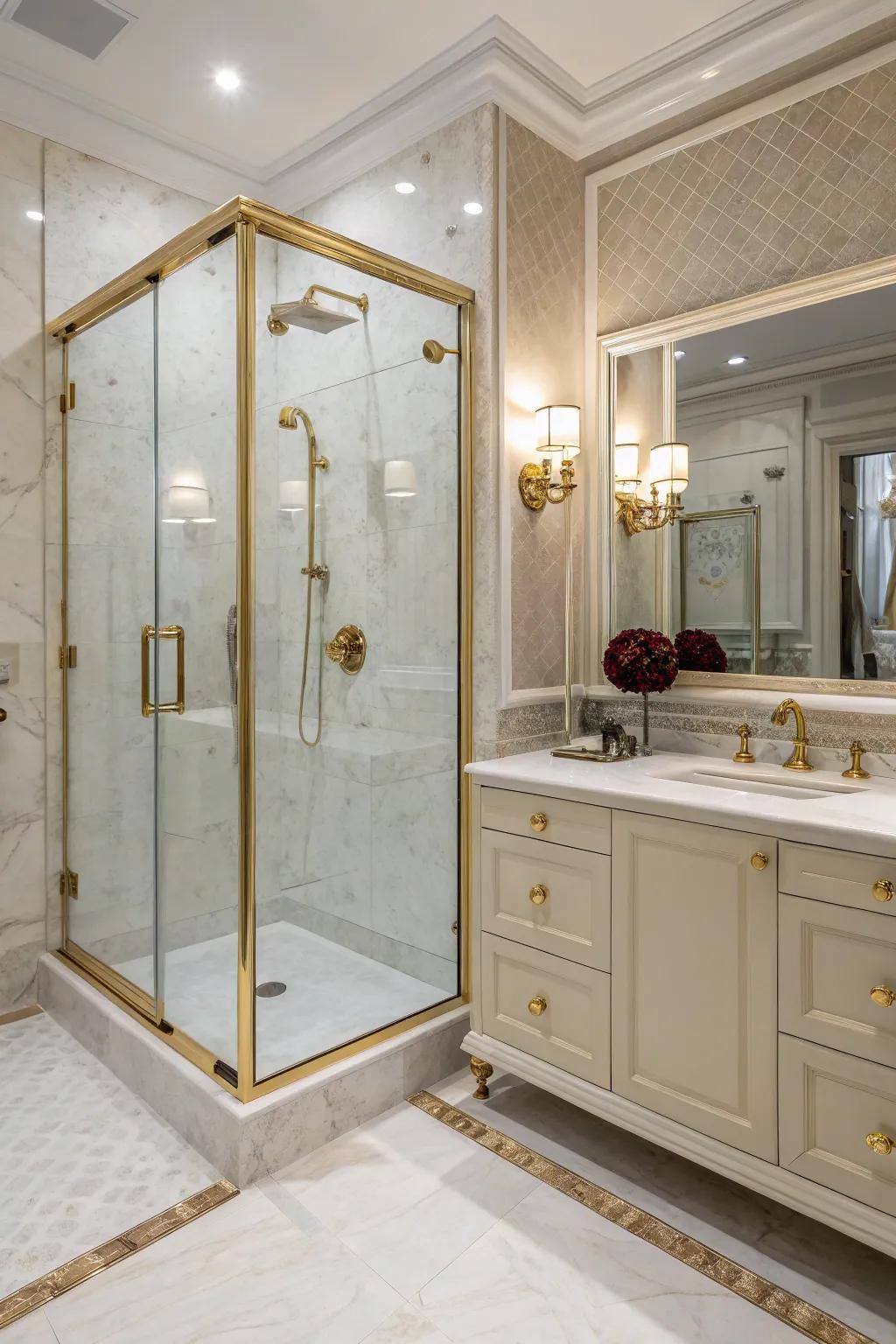 Elegant plumbing fixtures impart a hint of luxury to mineral composite showers.