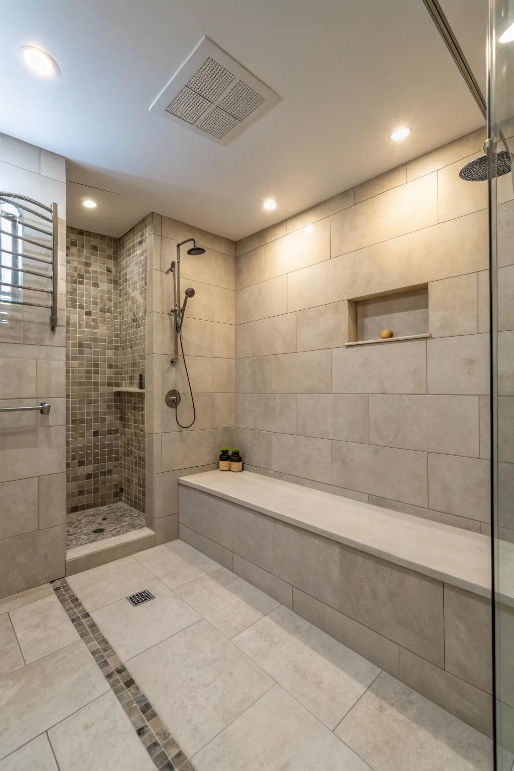 Soft shades lend a serene and spacious touch to this open shower.