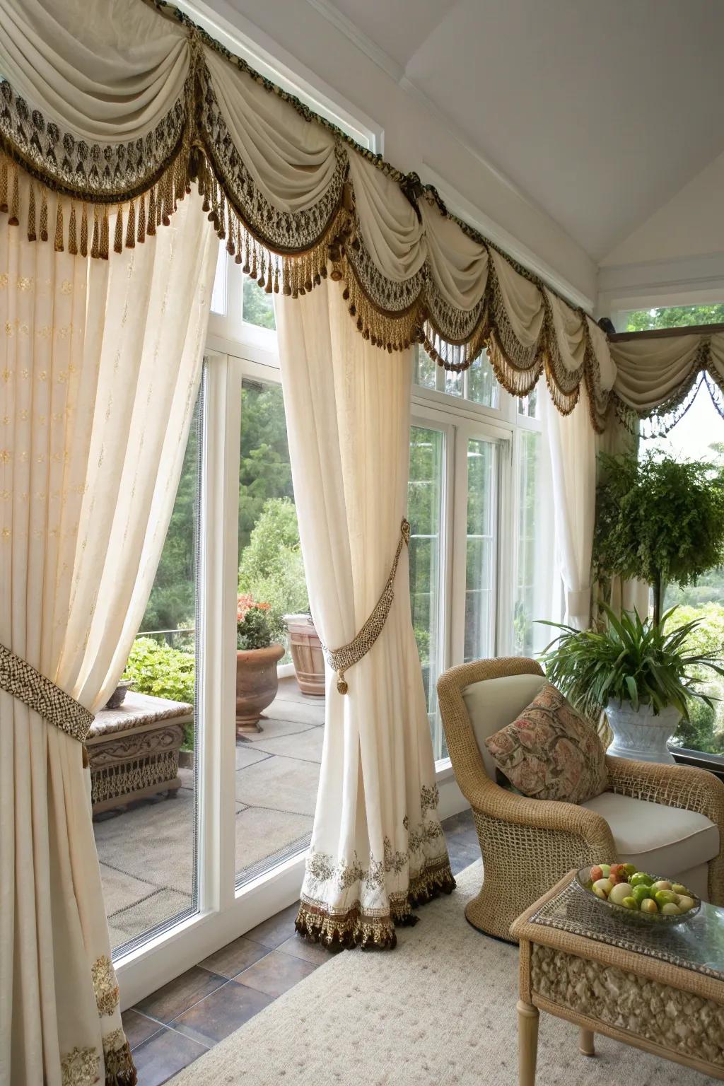 Bohemian style drapes with soft weave embellishments.
