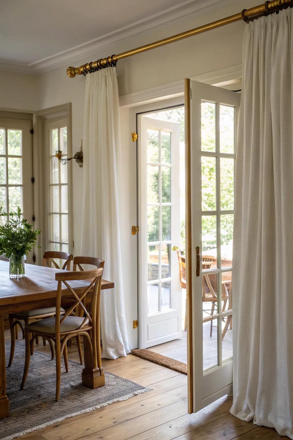 Metallic finishes elevate the look of curtain hardware.