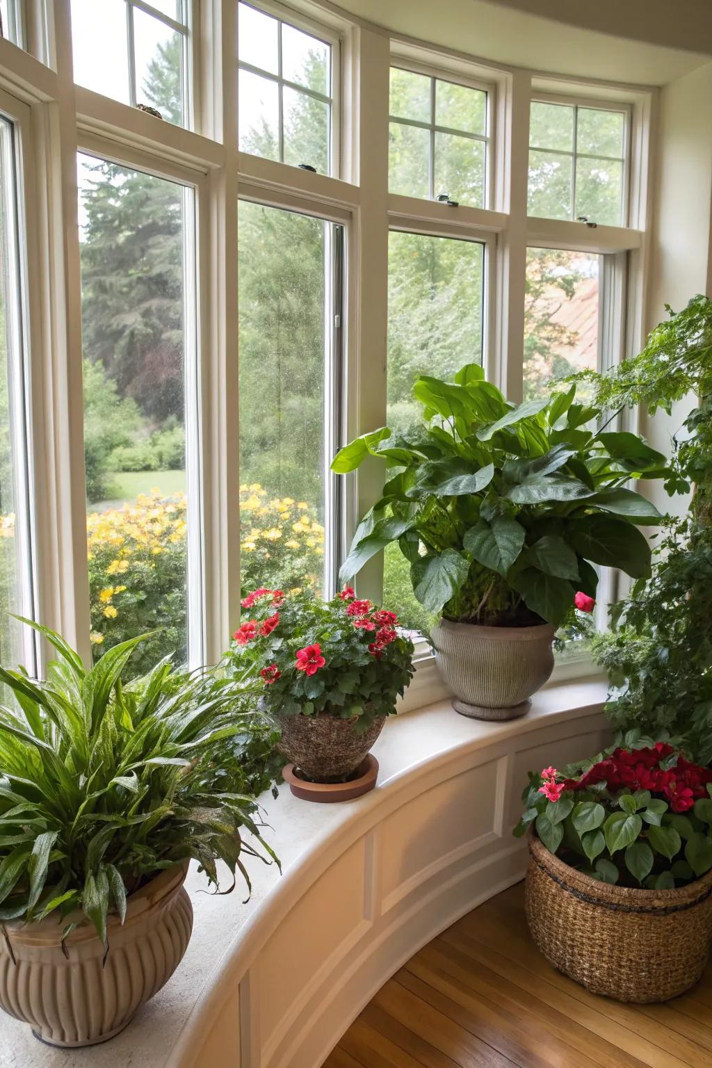 A thriving indoor plant arrangement featured in a curved bay window.