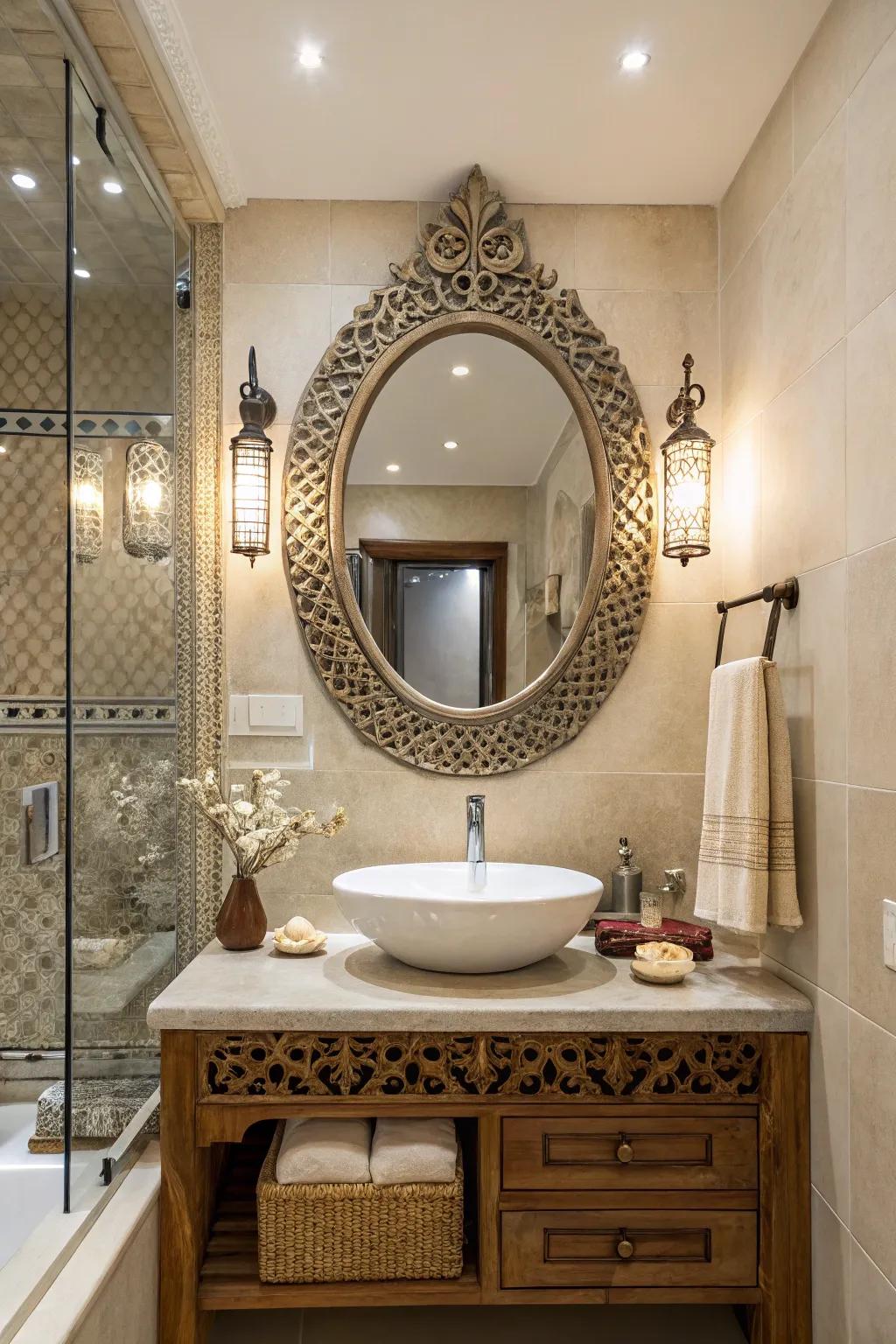 Incorporating an eclectic mirror introduces both character and charm into your bathroom's aesthetic.