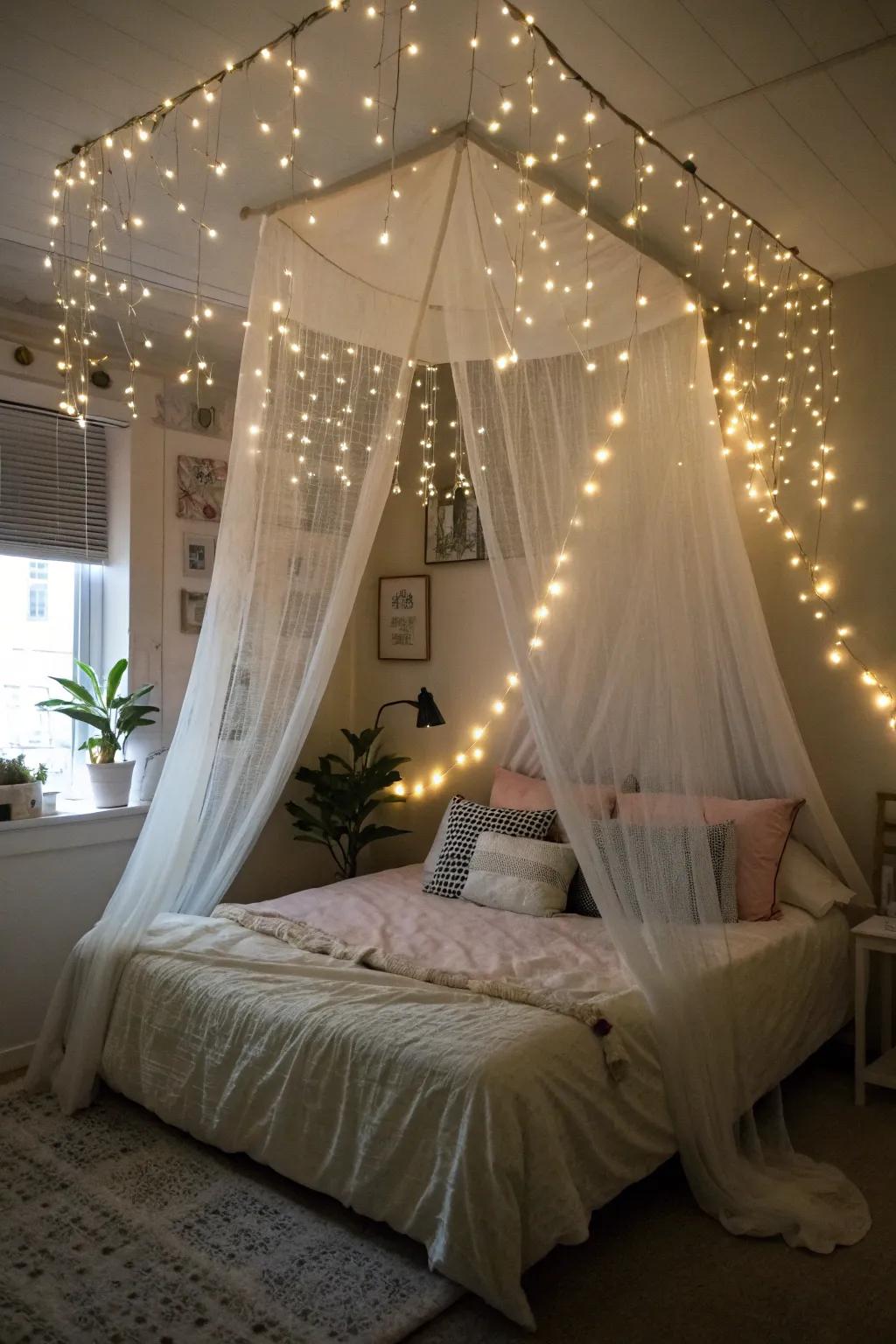 Magical twinkle lights add a whimsical charm to the bedroom.