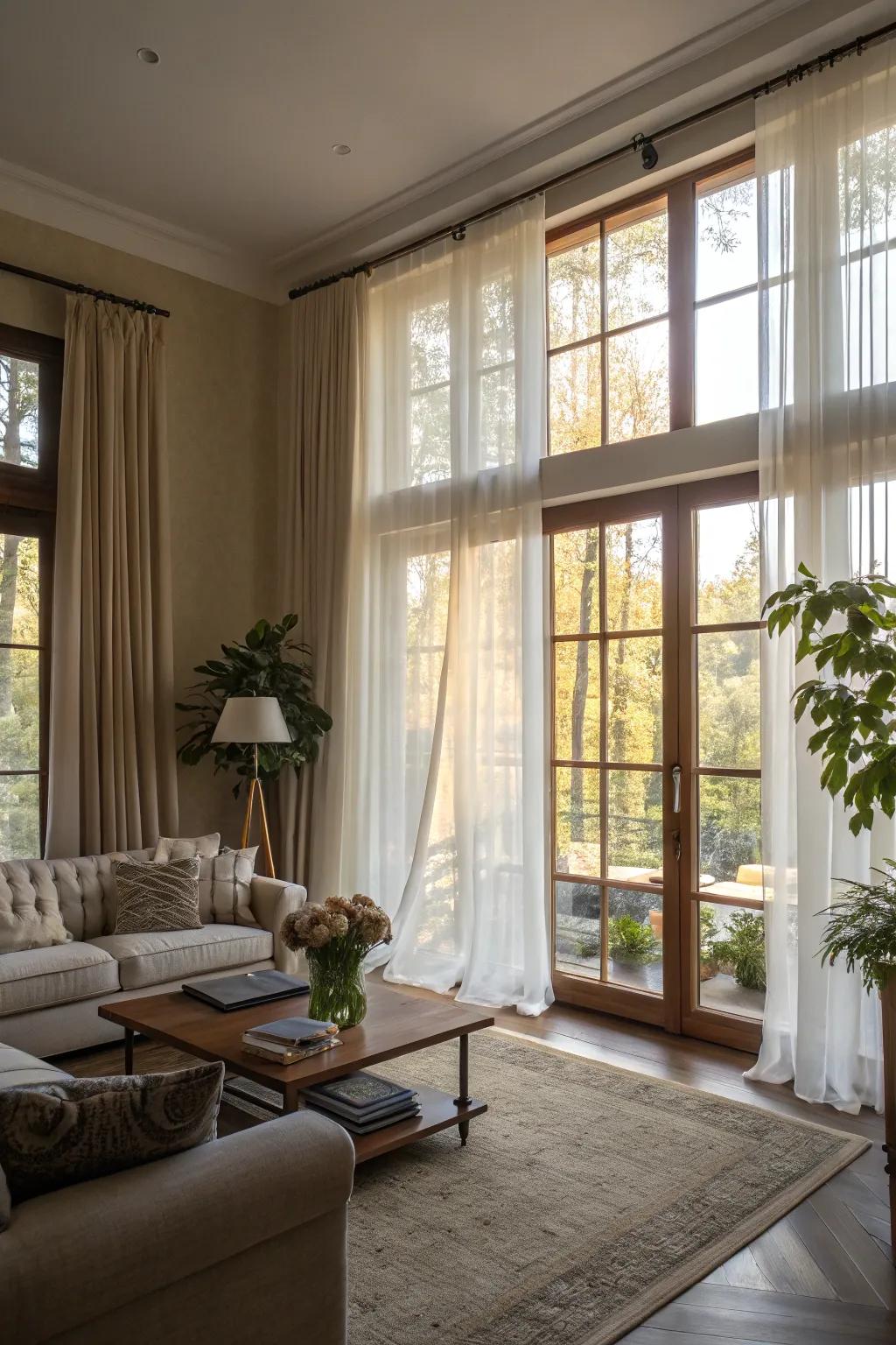 Delicate curtains enabling natural light to saturate the space.