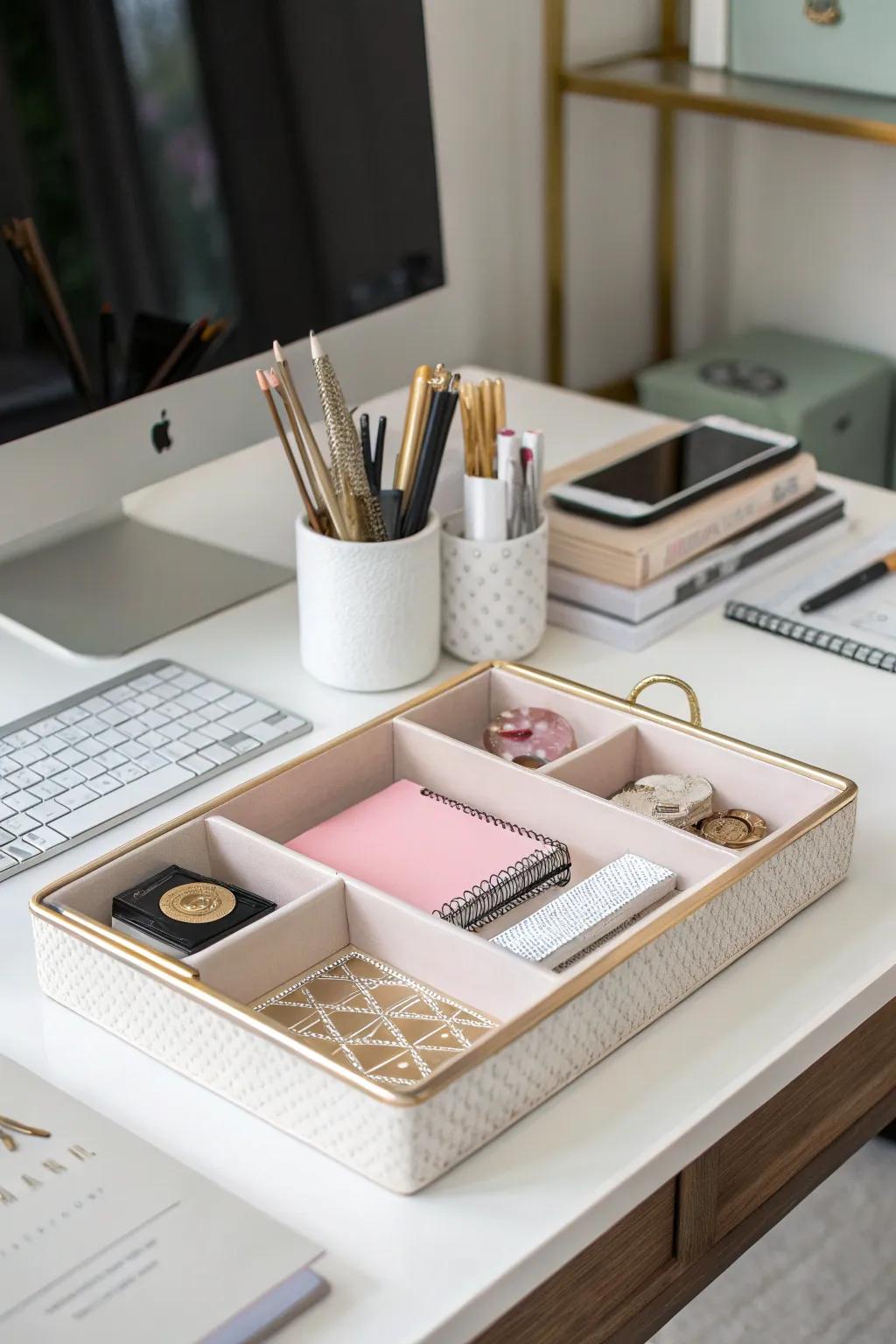 A desk equipped with stylish trays and organizers for an orderly layout.
