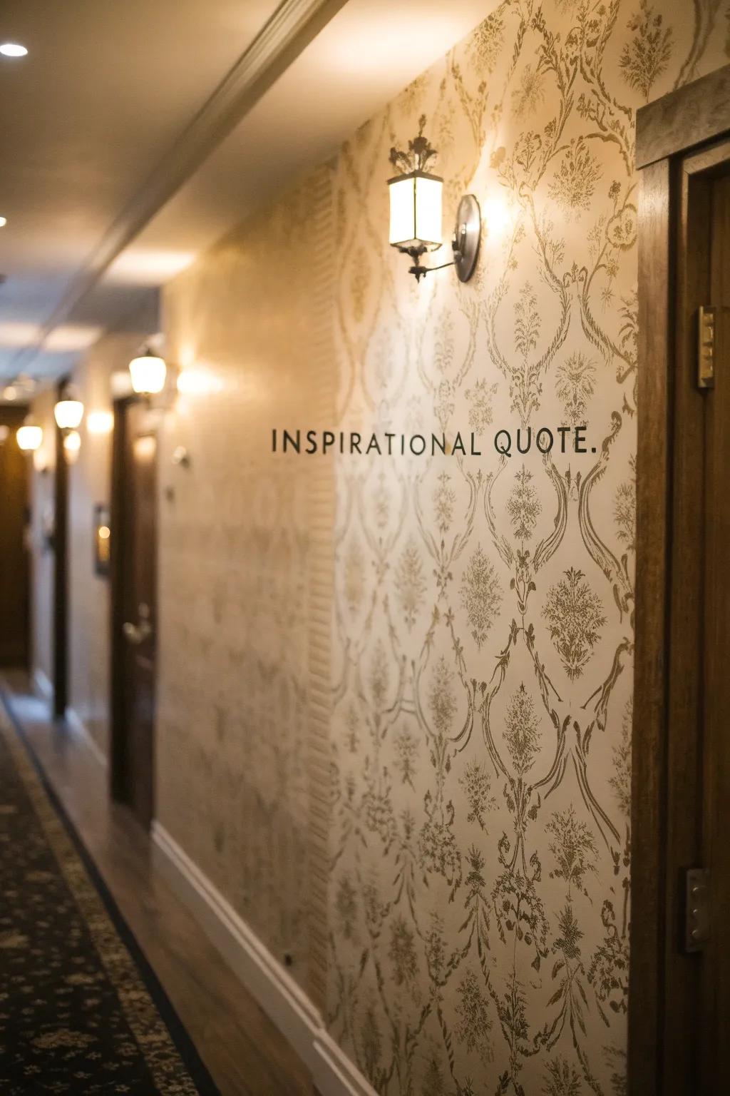 An entry with a wall covering featuring an inspirational quote for daily motivation.