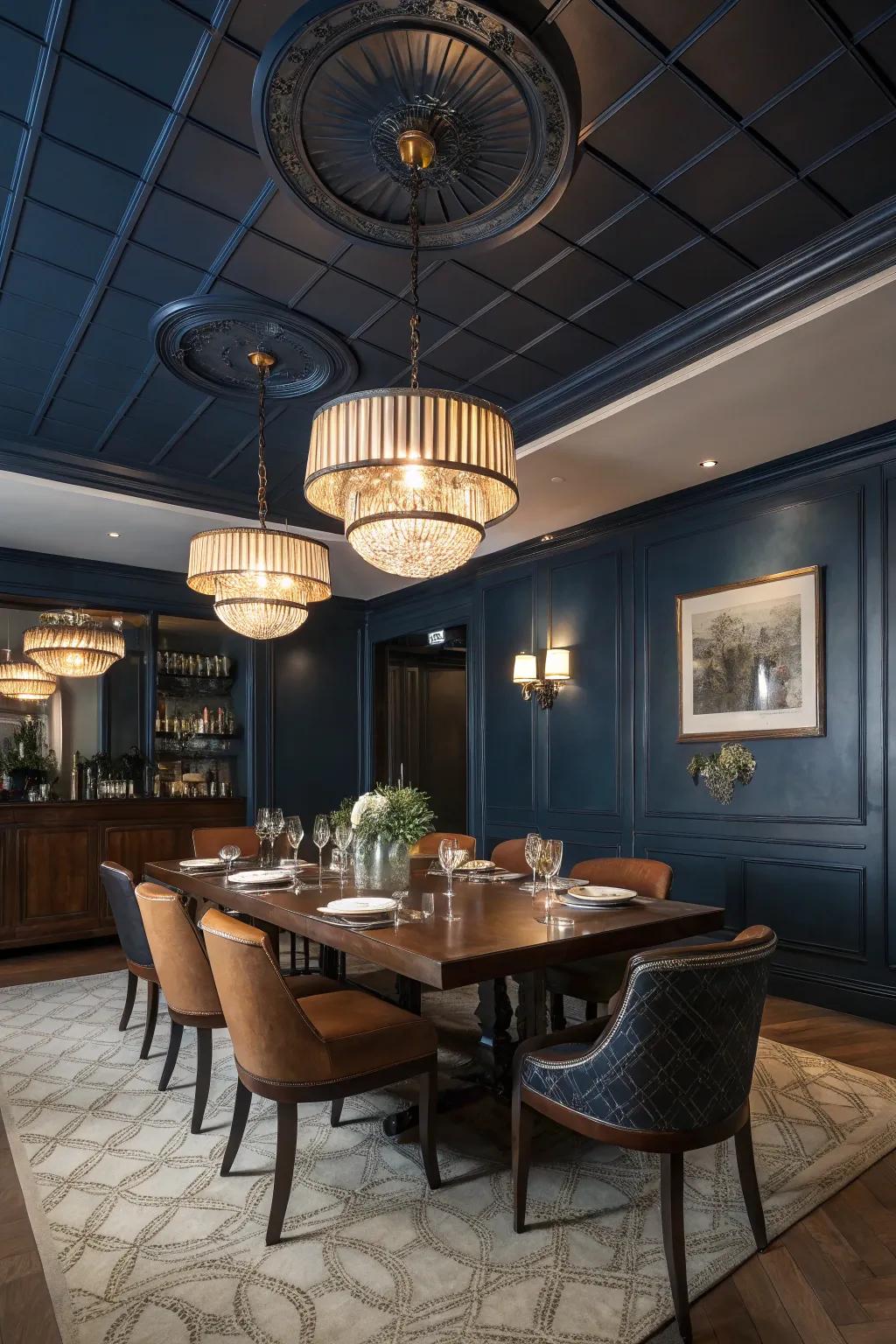 A theatrical dining area showcasing a deeply shaded cerulean overhead.