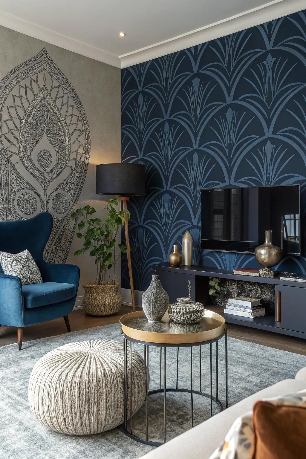 Abstract deep indigo wall coverings for the art enthusiast inside you.