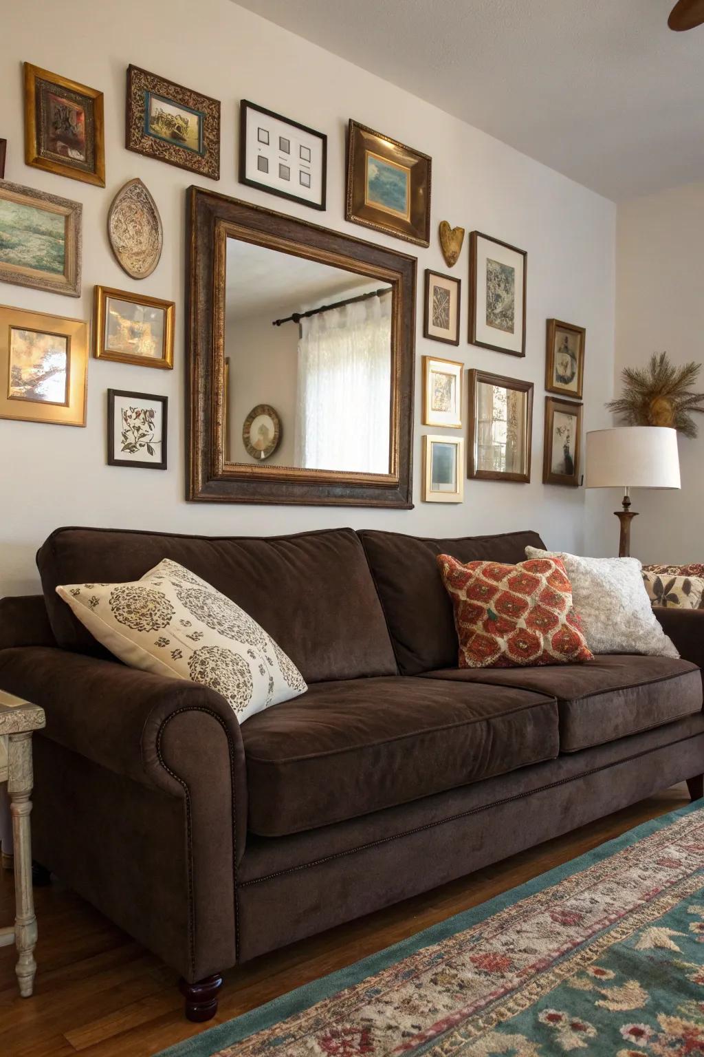 A curated wall enlivens and draws the eye to your dark brown sofa.