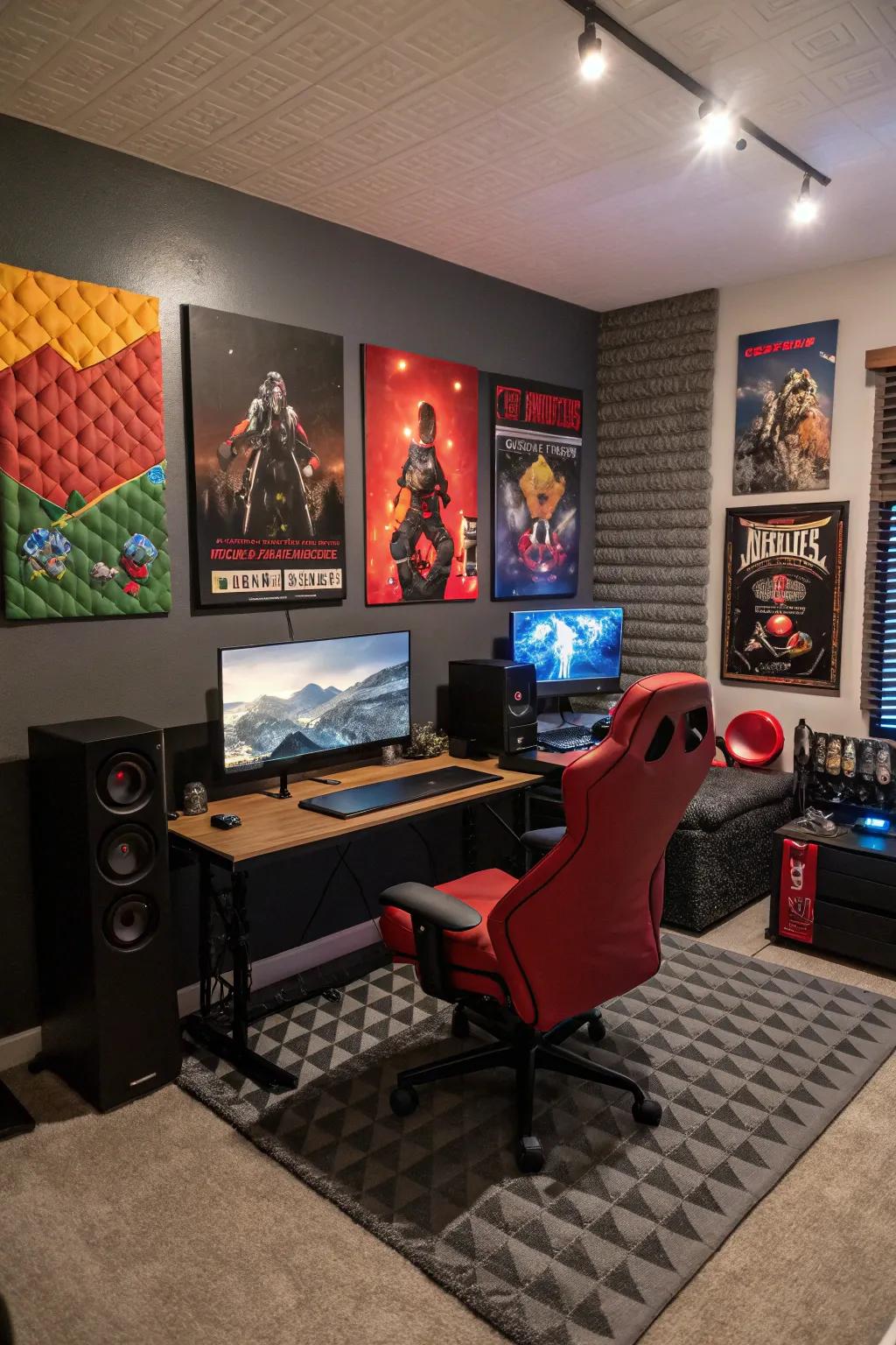 Personalize your gaming space by means of thematic wall embellishments and acoustic tiles.