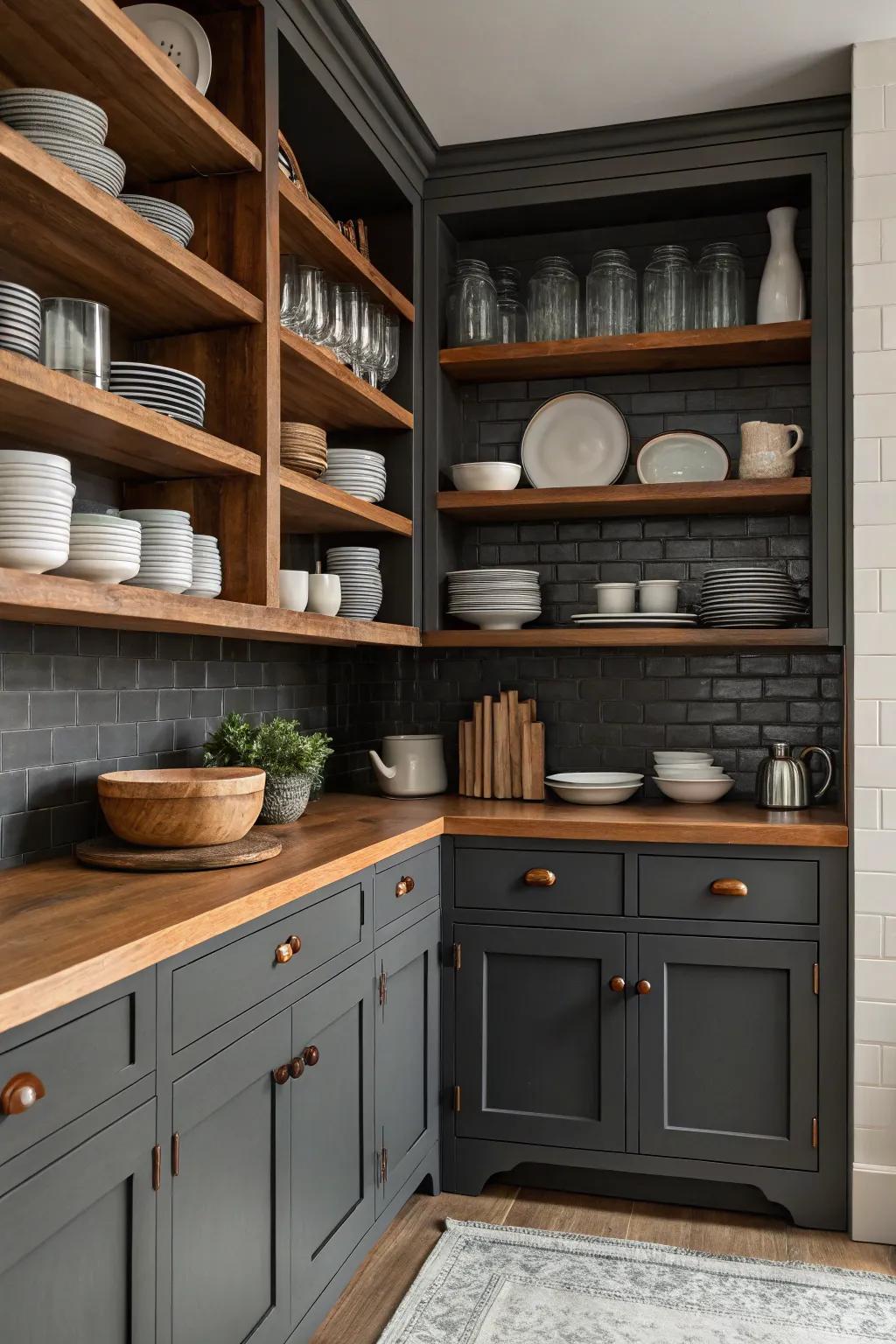 Deep charcoal cabinets complemented by open shelves displaying elegant dishware.