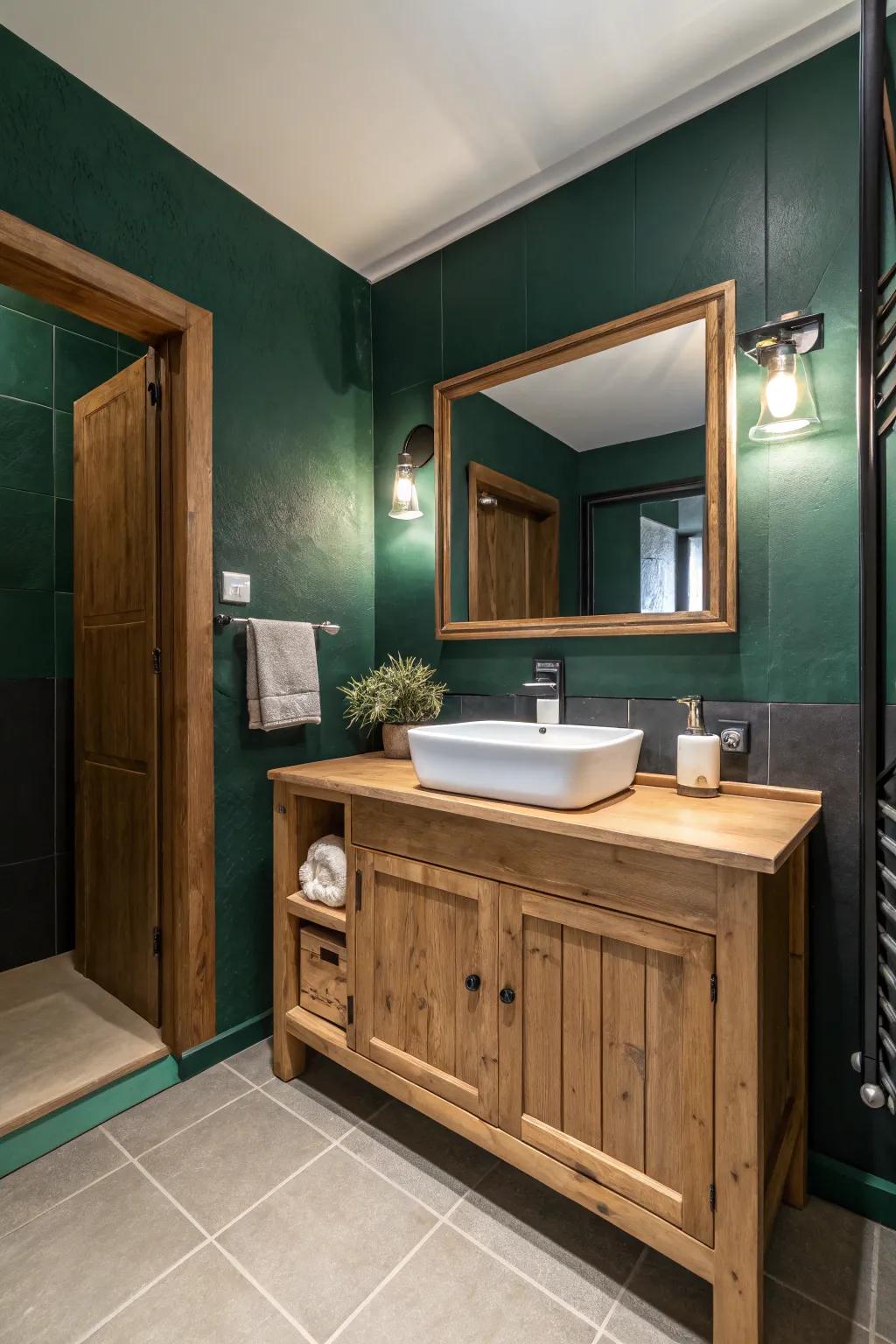 Wood accents contribute warmth and texture.