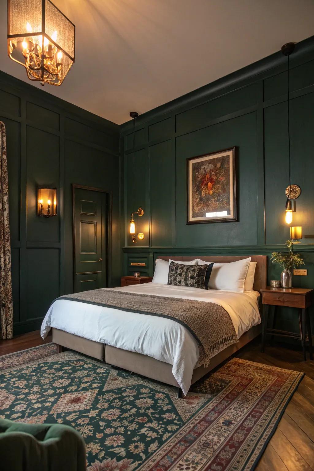 A bedroom with shadowy jade walls kindled by balmy luminescence apparatuses.