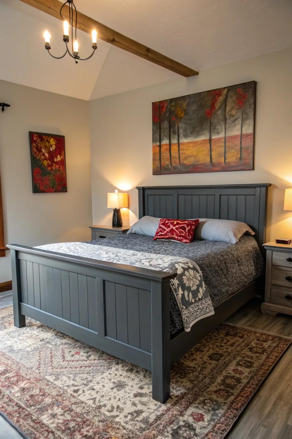 A bedroom showcasing a dark grey bed frame highlighted by striking artwork.
