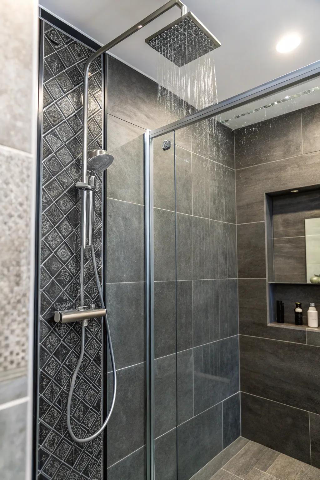 A blend of tiling textures crafts depth and intrigue in this shower area.
