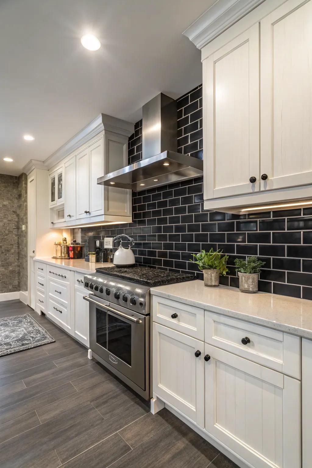 A stunning kitchen showcasing a contrasting dark backsplash with bright ivory cabinetry.