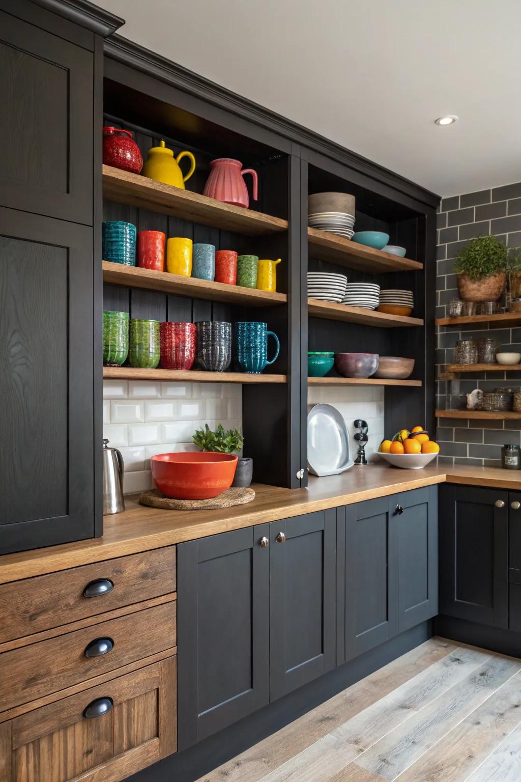 Display shelving introduces charm and individuality to a kitchen featuring deep-toned cabinetry.