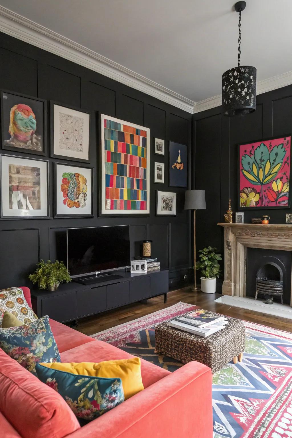 A striking onyx-walled living space featuring colorful artwork.