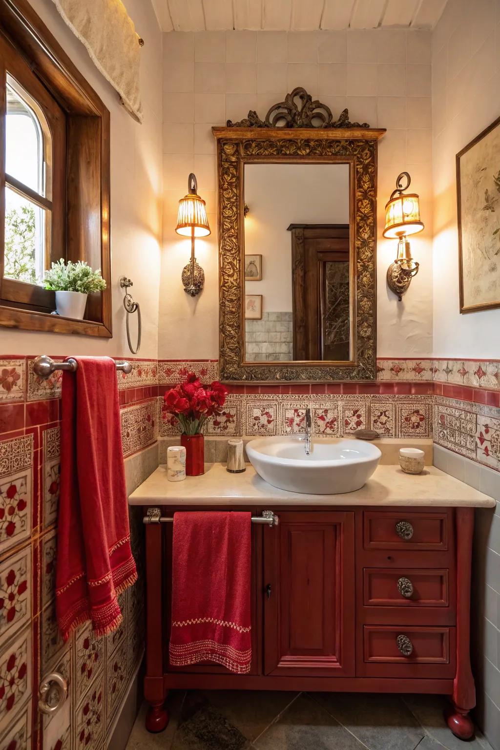 Aged crimson embellishments impart nostalgia and allure to the restroom.