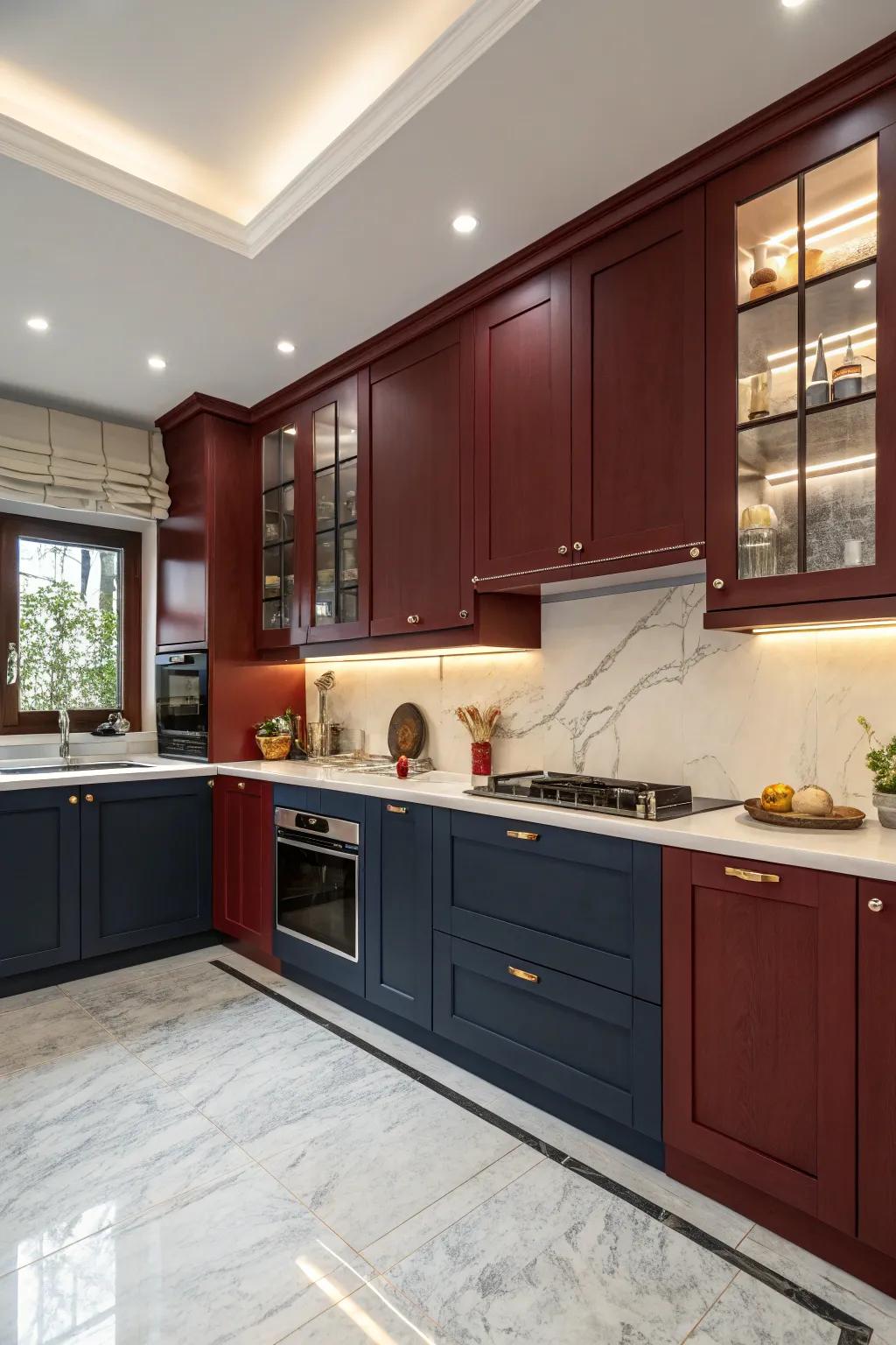 Bicolor kitchen cabinets in deep crimson and navy.