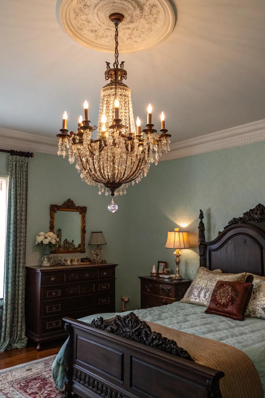 A vintage-inspired chandelier acts as an elegant focal point in a dark vintage bedroom.