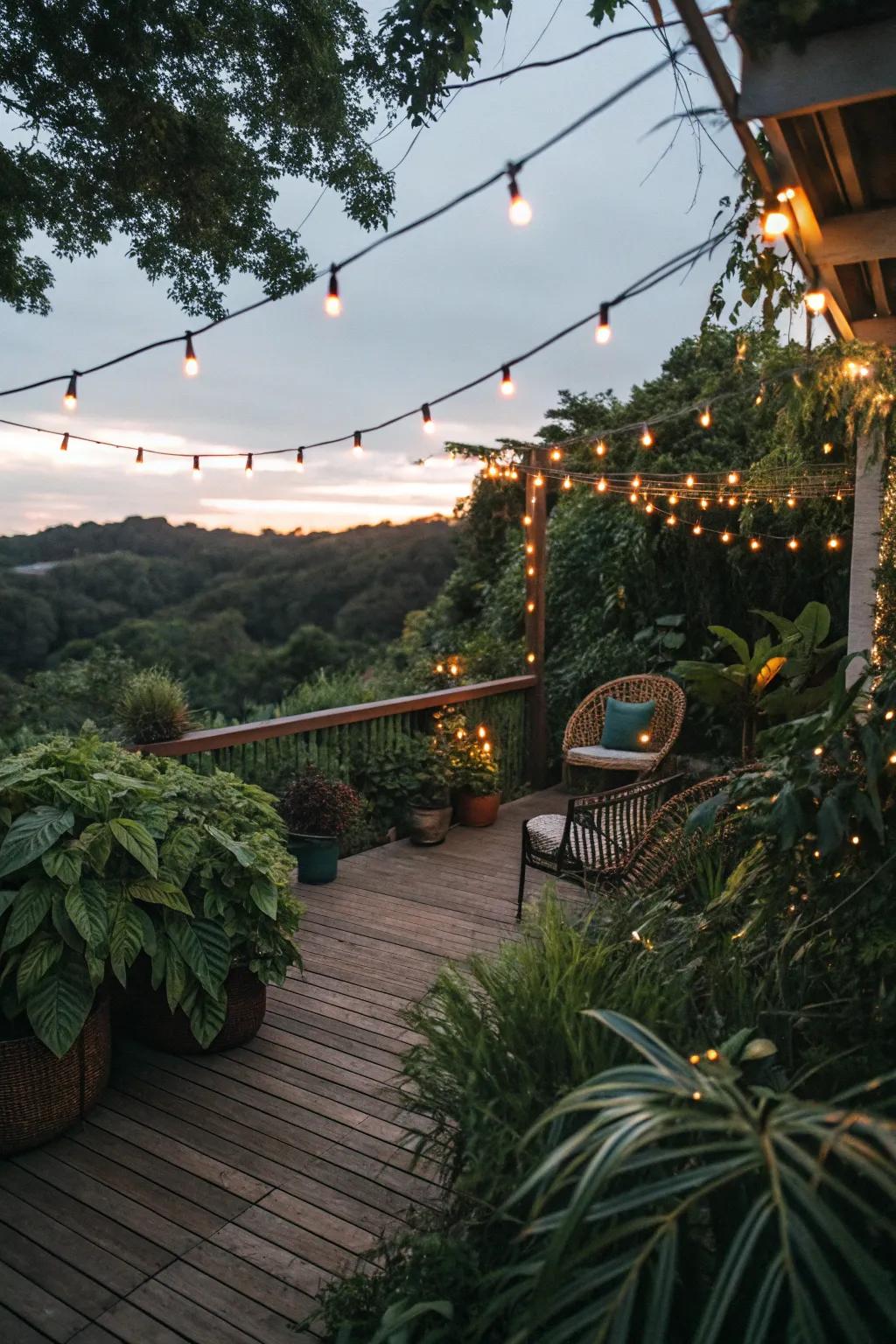 Gentle lighting transforms a deck into a magical nighttime retreat.