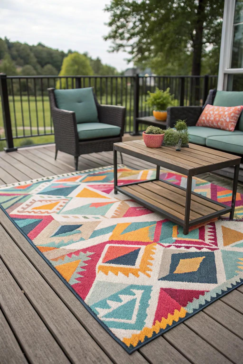 A vibrant rug transforms this deck into a lively outdoor living area.