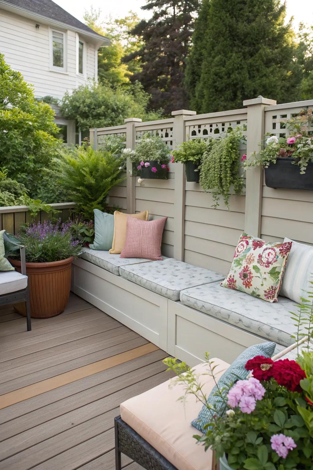 A functional privacy partition with intrinsic seating for repose.