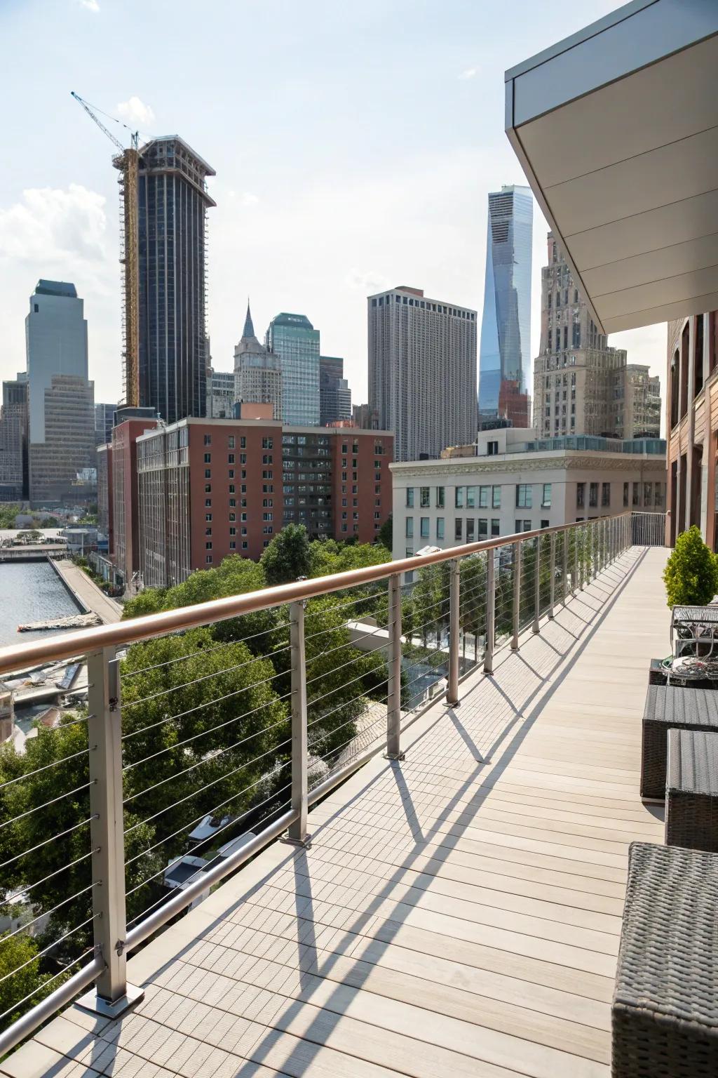 A modern deck showcasing chic wire railings, set against an urban architectural backdrop.
