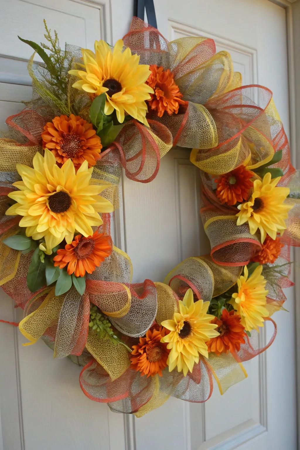 Radiant silken blooms accentuate the loveliness of this deco mesh wreath.