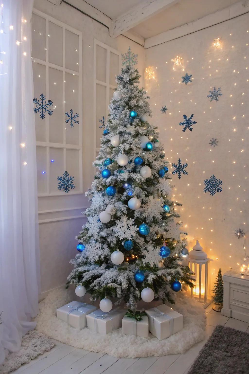 A winter-inspired Christmas tree showcasing azure and alabaster illumination and snowflake embellishments.