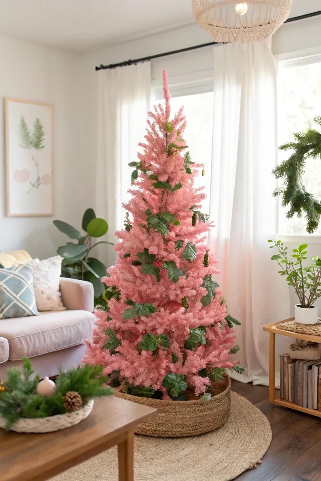 A harmonious blend of rose and verdant decor.