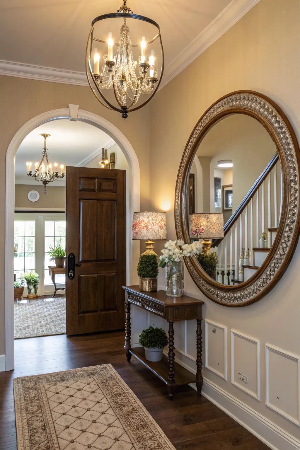 A mirror in the entryway engenders a luminous and hospitable setting.