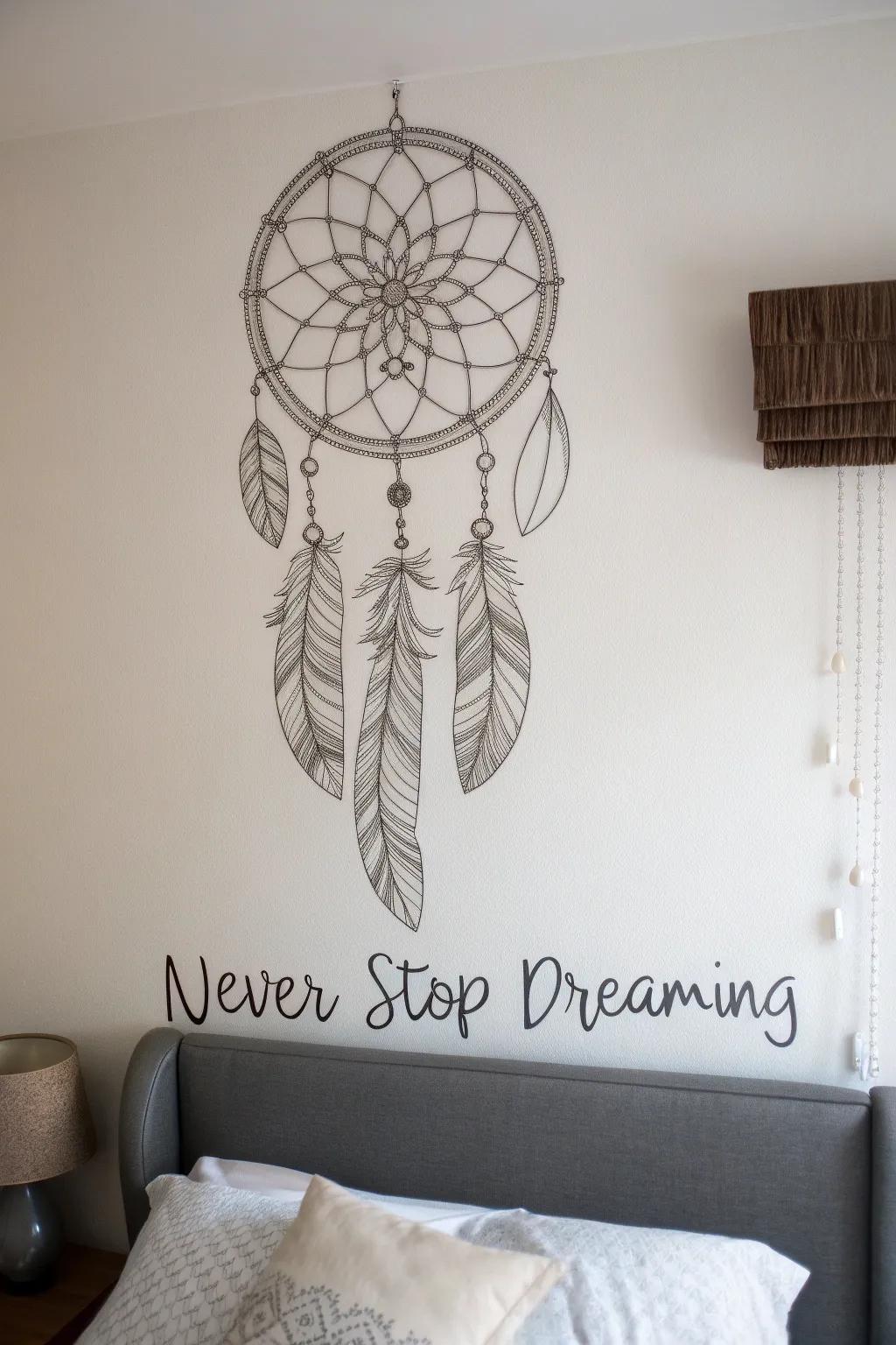 A bedroom wall enhanced with a dreamcatcher drawing paired with an inspiring message.