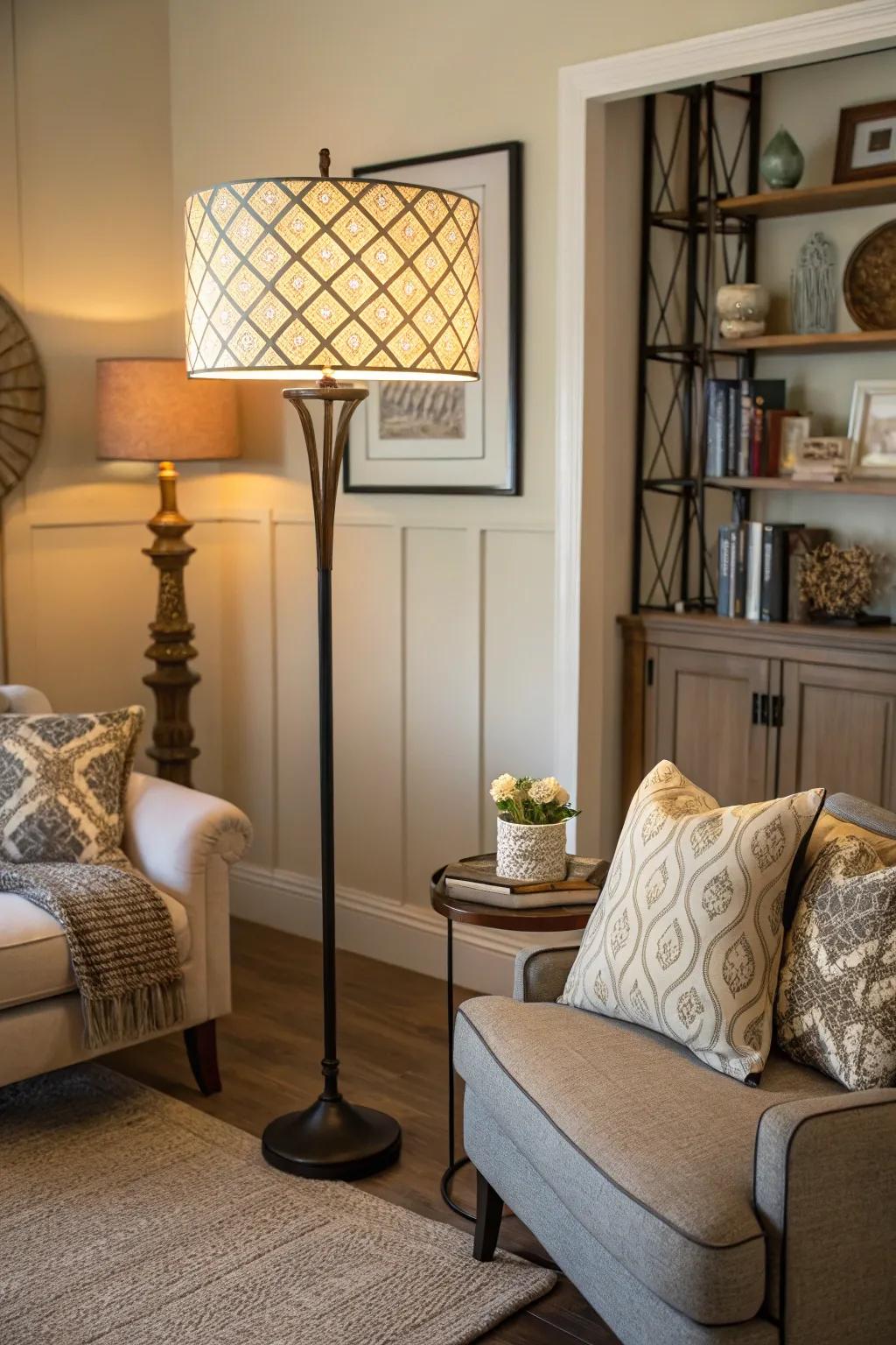 Enrich your corner using warm lighting stemming from a standing lamp.