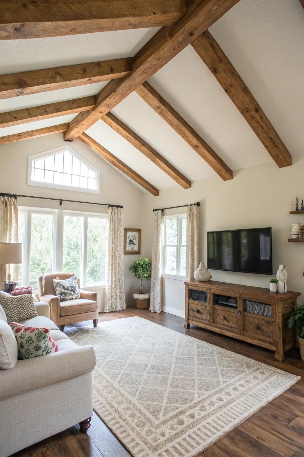 Homemade lookalike beams give you a real wooden look without the expense.